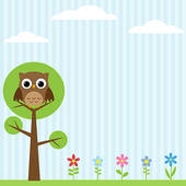 Clipart of Background with owl, flowers birds and clouds k9703225