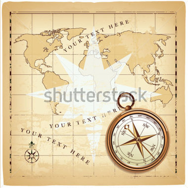 Old compass on vintage map, .