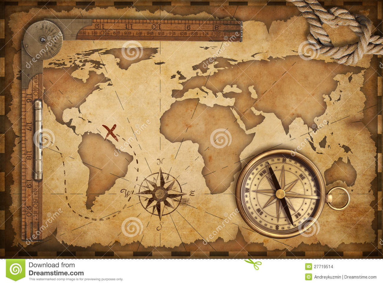 Aged Map Ruler Rope And Old ...